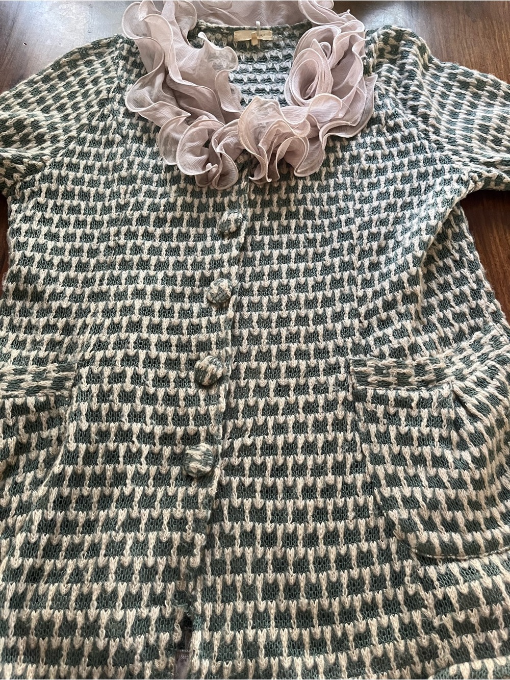 Ryu Open-Knit Cardigan Coat | Sage & Ivory | Blush Organza | 1X - Picture 7 of 9